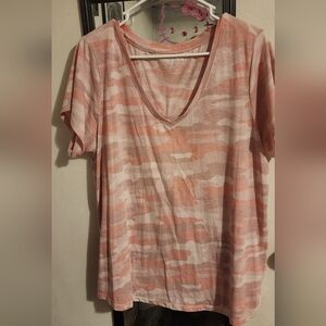 Pink and White Camouflage V-Neck T-Shirt